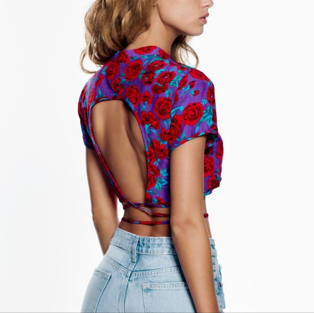 Zara Floral Printed Crop Top Open Back Small Bloomcore Romantic